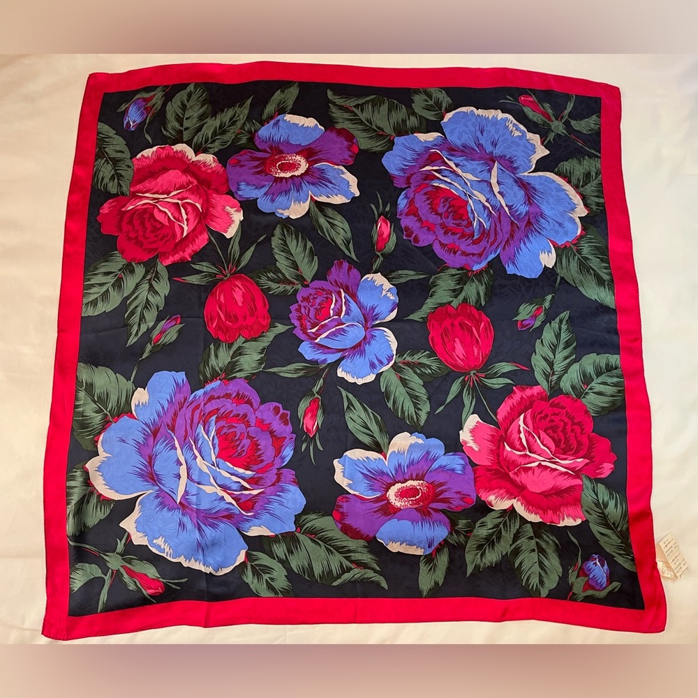 Hiroko for Dozo NWT Vtg Silk Scarf Red Black Boarder Floral Pink Blue Japan 35”